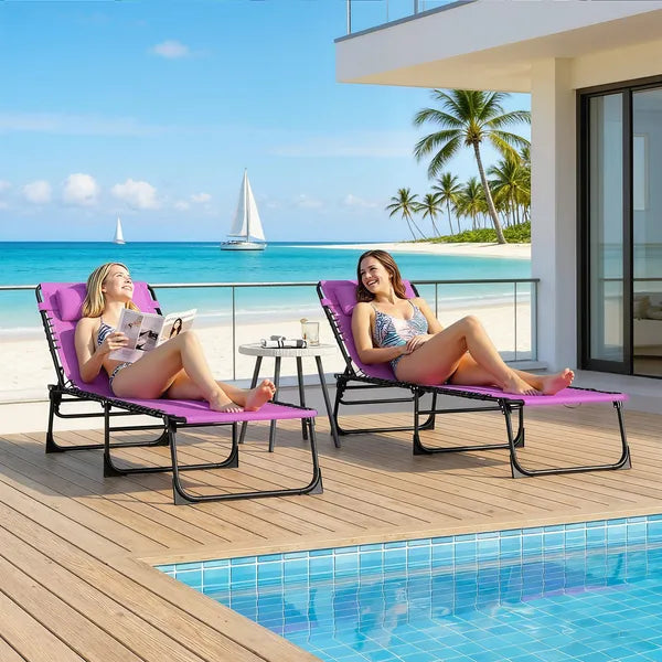 2 Folding Chaise Lounge Pool Chairs with 4-Position Reclining Back, Pillow, Breathable Mesh and Bungee Seat, Purple - product image 7