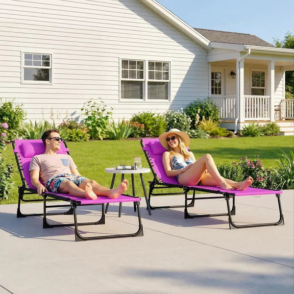 2 Folding Chaise Lounge Pool Chairs with 4-Position Reclining Back, Pillow, Breathable Mesh and Bungee Seat, Purple - product image 10