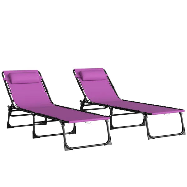 2 Folding Chaise Lounge Pool Chairs with 4-Position Reclining Back, Pillow, Breathable Mesh and Bungee Seat, Purple - product image 11