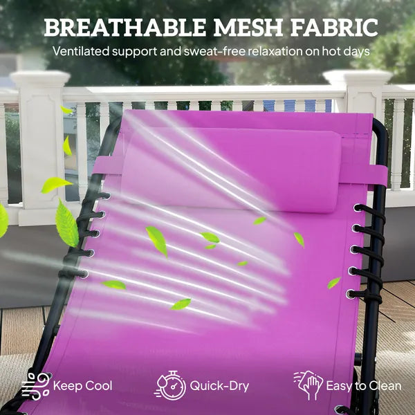 2 Folding Chaise Lounge Pool Chairs with 4-Position Reclining Back, Pillow, Breathable Mesh and Bungee Seat, Purple - product image 5