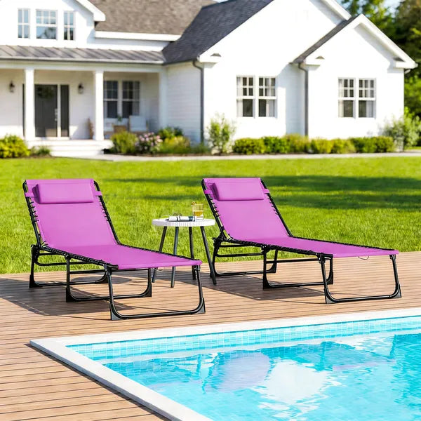 2 Folding Chaise Lounge Pool Chairs with 4-Position Reclining Back, Pillow, Breathable Mesh and Bungee Seat, Purple - product image 9