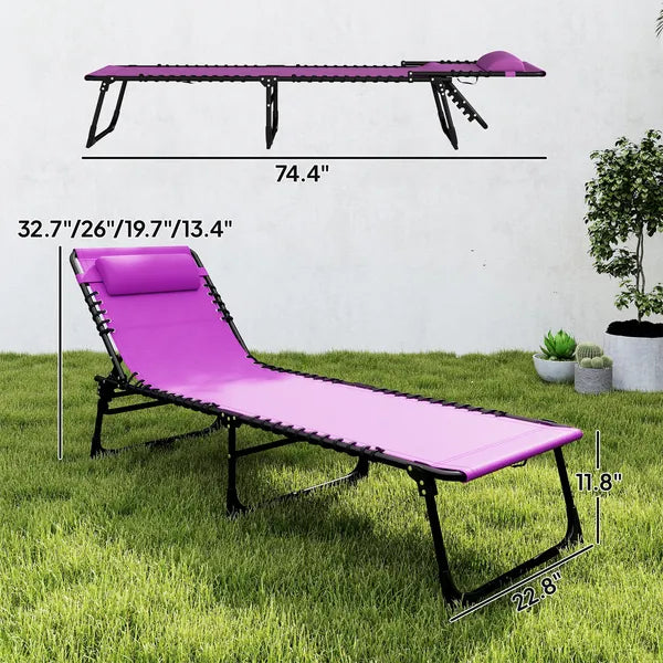 2 Folding Chaise Lounge Pool Chairs with 4-Position Reclining Back, Pillow, Breathable Mesh and Bungee Seat, Purple - product image 3