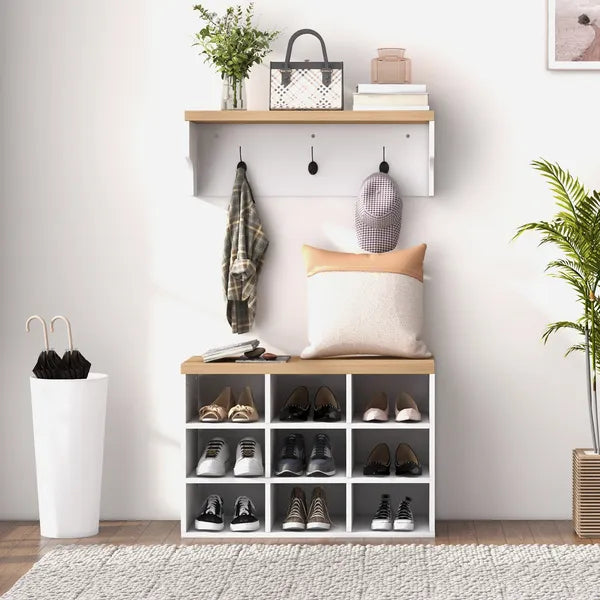 HOMCOM 2-in-1 Coat Rack Shoe Bench Set 9 Pair Storage Cabinet Hall Tree Entryway Hallway Mudroom Bedroom Organizer White - product image 7