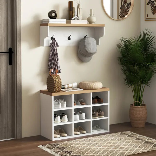 HOMCOM 2-in-1 Coat Rack Shoe Bench Set 9 Pair Storage Cabinet Hall Tree Entryway Hallway Mudroom Bedroom Organizer White - product image 10