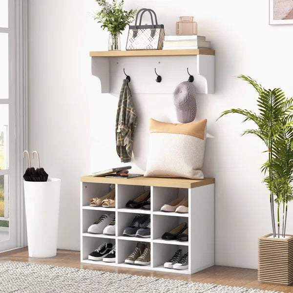 HOMCOM 2-in-1 Coat Rack Shoe Bench Set 9 Pair Storage Cabinet Hall Tree Entryway Hallway Mudroom Bedroom Organizer White - product image 2