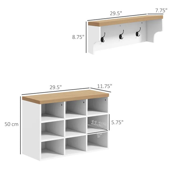 HOMCOM 2-in-1 Coat Rack Shoe Bench Set 9 Pair Storage Cabinet Hall Tree Entryway Hallway Mudroom Bedroom Organizer White - product image 3