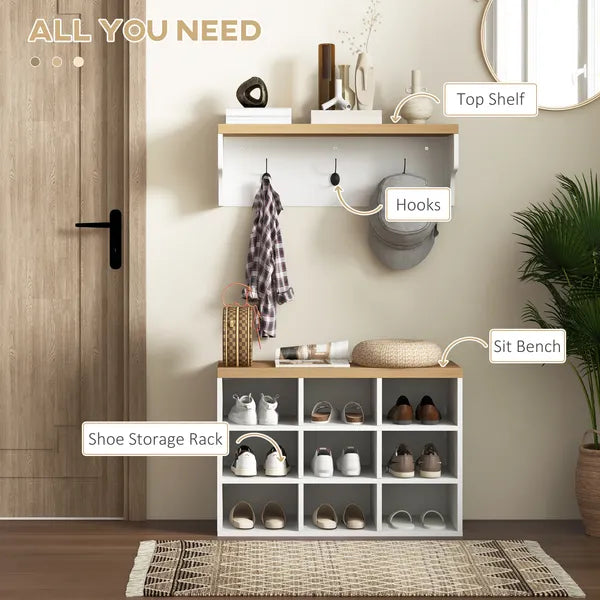 HOMCOM 2-in-1 Coat Rack Shoe Bench Set 9 Pair Storage Cabinet Hall Tree Entryway Hallway Mudroom Bedroom Organizer White - product image 4