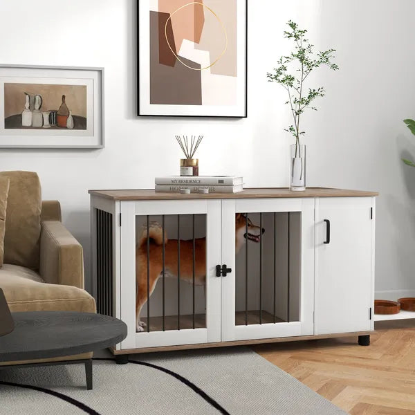 2-In-1 Dog Crate Table with Double Doors and Storage, Dog Cage for Medium and Large-sized Dogs, Walnut and White - product image 2