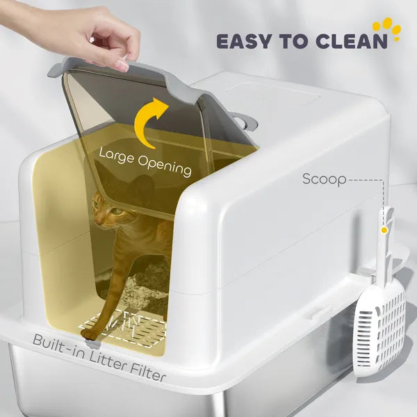 2 in 1 Stainless Steel Cat Litter Box with Removable Lid, Scoop, Filter Bags, for Small to Large Cats, White - product image 5