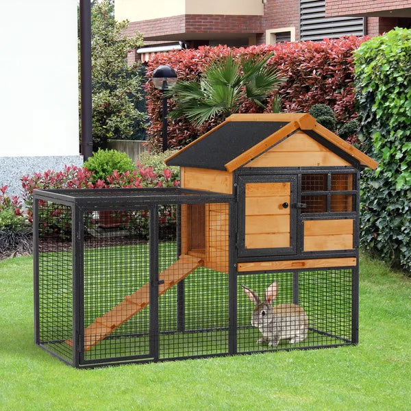 2 Level Outdoor Rabbit Hutch with Asphalt Roof, Removable Tray and Ramp, Light Yellow - product image 2