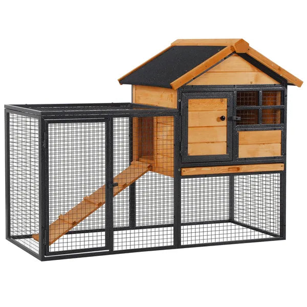 2 Level Outdoor Rabbit Hutch with Asphalt Roof, Removable Tray and Ramp, Light Yellow - product image 1