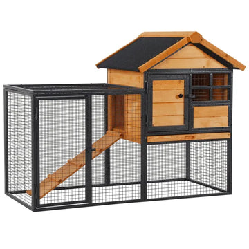 2 Level Outdoor Rabbit Hutch with Asphalt Roof, Removable Tray and Ramp, Light Yellow - product image 1