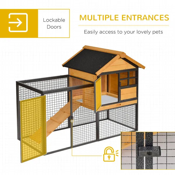 2 Level Outdoor Rabbit Hutch with Asphalt Roof, Removable Tray and Ramp, Light Yellow - product image 5