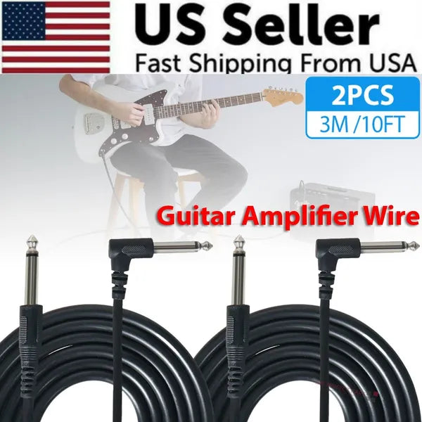 2 Pack 10 Foot 1/4 Inch Instrument Cables with Straight and Right Angle Plugs