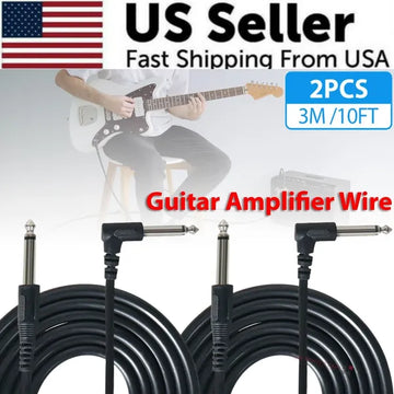 2 Pack 10 Foot 1/4 Inch Instrument Cables with Straight and Right Angle Plugs