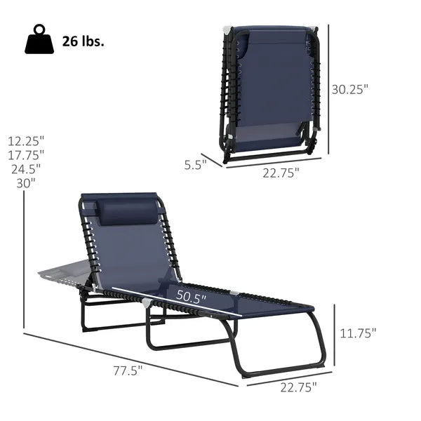 2-Pack Dark Blue Reclining Beach Chairs, 4-Position Folding Chaise Lounge for Patio - product image 3