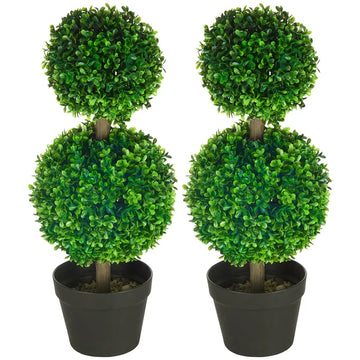 HOMCOM 2 Piece Artificial Boxwood Ball Topiary Tree 23.5 Inch with Double Ball-Shaped Leaves in Pot Green - product image 1