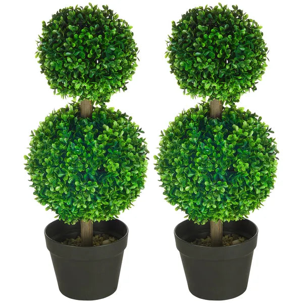 HOMCOM 2 Piece Artificial Boxwood Ball Topiary Tree 23.5 Inch with Double Ball-Shaped Leaves in Pot Green - product image 1
