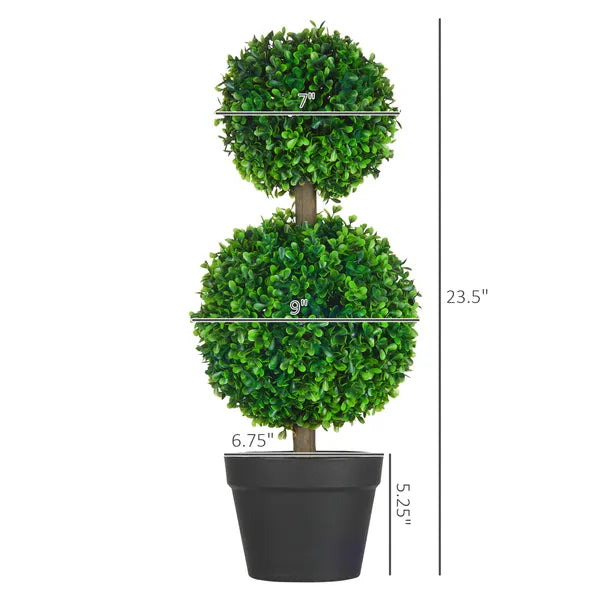 HOMCOM 2 Piece Artificial Boxwood Ball Topiary Tree 23.5 Inch with Double Ball-Shaped Leaves in Pot Green - product image 3