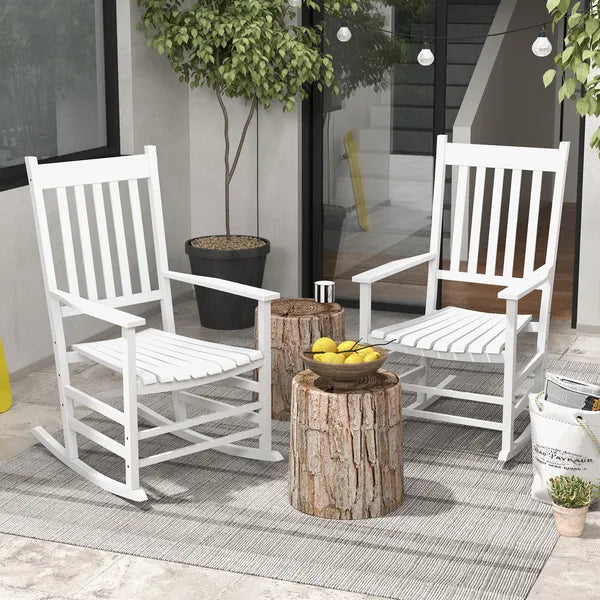 2 Piece Wooden Rocking Chair Set Outdoor Rockers with Curved Armrests High Back for Garden Balcony White - product image 2