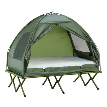 Outsunny 2-Person Foldable Camping Cot Outdoor w/ Bedspread and Thick Air Mattress, 4-In-1 Elevated Camping Bed Tent for Hiking, Picnic, Green - product image 1