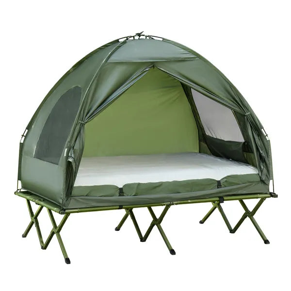 Outsunny 2-Person Foldable Camping Cot Outdoor w/ Bedspread and Thick Air Mattress, 4-In-1 Elevated Camping Bed Tent for Hiking, Picnic, Green - product image 1