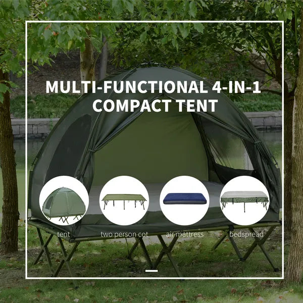 Outsunny 2-Person Foldable Camping Cot Outdoor w/ Bedspread and Thick Air Mattress, 4-In-1 Elevated Camping Bed Tent for Hiking, Picnic, Green - product image 4