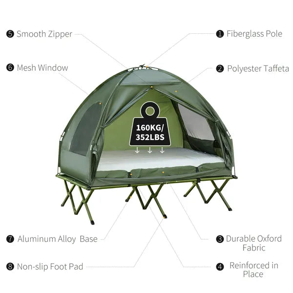 Outsunny 2-Person Foldable Camping Cot Outdoor w/ Bedspread and Thick Air Mattress, 4-In-1 Elevated Camping Bed Tent for Hiking, Picnic, Green - product image 7