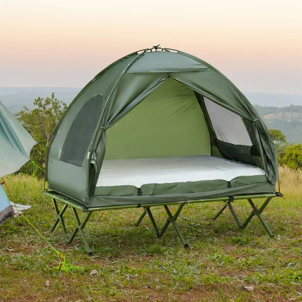 Outsunny 2-Person Foldable Camping Cot Outdoor w/ Bedspread and Thick Air Mattress, 4-In-1 Elevated Camping Bed Tent for Hiking, Picnic, Green - product image 10