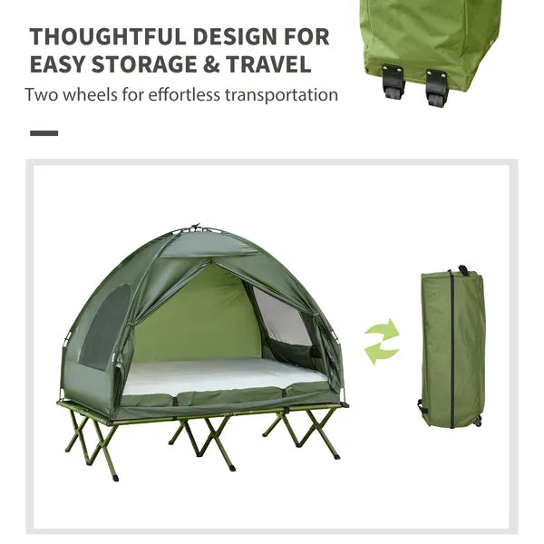 Outsunny 2-Person Foldable Camping Cot Outdoor w/ Bedspread and Thick Air Mattress, 4-In-1 Elevated Camping Bed Tent for Hiking, Picnic, Green - product image 5