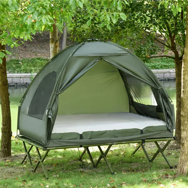 Outsunny 2-Person Foldable Camping Cot Outdoor w/ Bedspread and Thick Air Mattress, 4-In-1 Elevated Camping Bed Tent for Hiking, Picnic, Green - product image 2