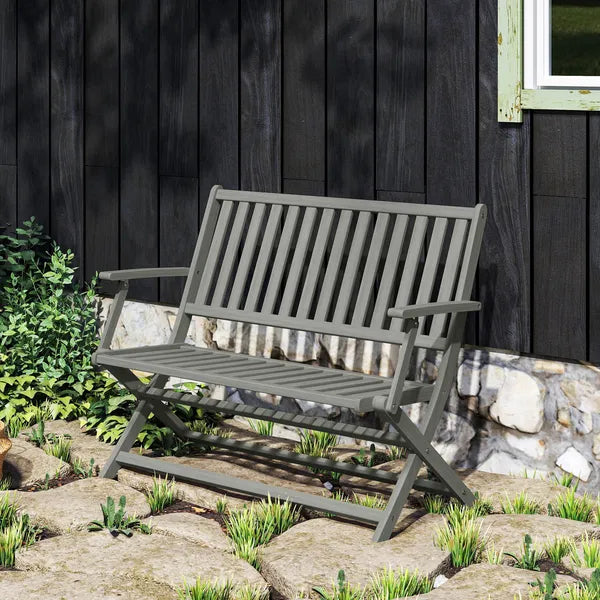 2-Person Foldable Wood Outdoor Bench with Backrest and Armrests for Garden, Porch, Park, Balcony, Gray - product image 9