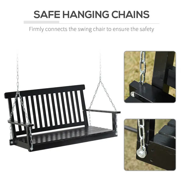 2-Person Hanging Porch Swing Chair, Outdoor Patio Chair, Slatted, Chains, Black, 440lbs - product image 4