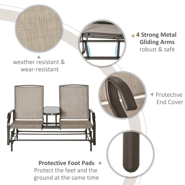 Outsunny 2-Person Outdoor Glider Bench with Center Table, Patio Rocking Chair Swing Loveseat with Breathable Mesh for Backyard Garden Porch, Brown - product image 5