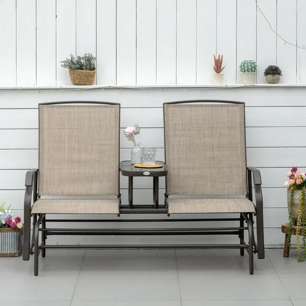 Outsunny 2-Person Outdoor Glider Bench with Center Table, Patio Rocking Chair Swing Loveseat with Breathable Mesh for Backyard Garden Porch, Brown - product image 2