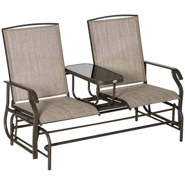 Outsunny 2-Person Outdoor Glider Bench with Center Table, Patio Rocking Chair Swing Loveseat with Breathable Mesh for Backyard Garden Porch, Brown - product image 1