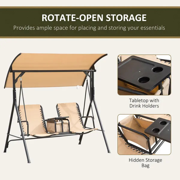 2-Person Porch Swing with Canopy Beige Covered Patio Swing Pivot Storage Table Cup Holder - product image 6
