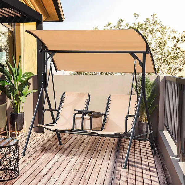 2-Person Porch Swing with Canopy Beige Covered Patio Swing Pivot Storage Table Cup Holder - product image 2