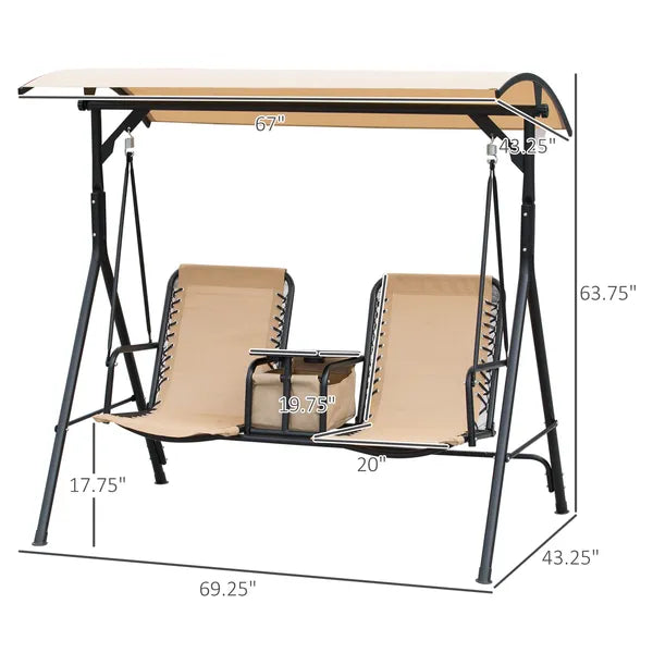 2-Person Porch Swing with Canopy Beige Covered Patio Swing Pivot Storage Table Cup Holder - product image 3