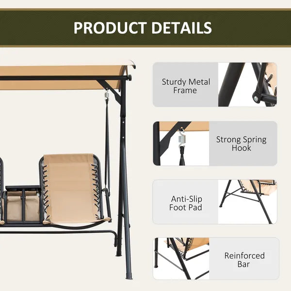 2-Person Porch Swing with Canopy Beige Covered Patio Swing Pivot Storage Table Cup Holder - product image 7