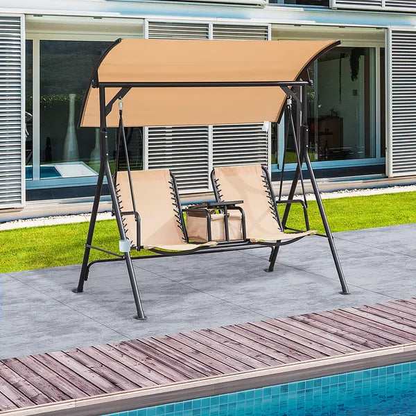 2-Person Porch Swing with Canopy Beige Covered Patio Swing Pivot Storage Table Cup Holder - product image 10