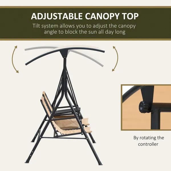 2-Person Porch Swing with Canopy Beige Covered Patio Swing Pivot Storage Table Cup Holder - product image 4