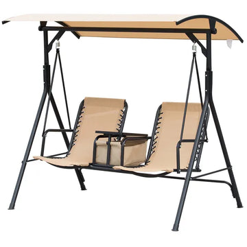 2-Person Porch Swing with Canopy Beige Covered Patio Swing Pivot Storage Table Cup Holder - product image 1