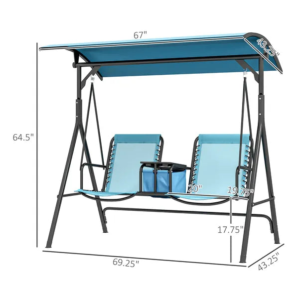 2 Person Porch Swing with Canopy, Storage Table, Cup Holder, Blue - product image 3
