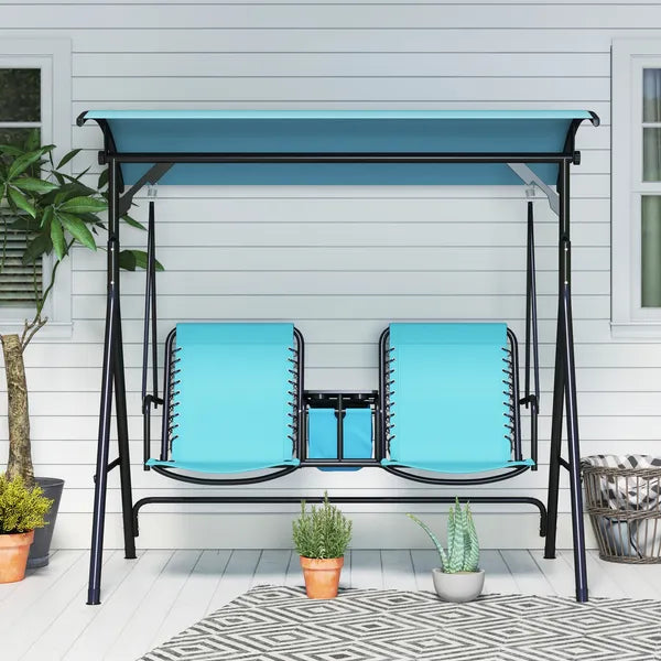 2 Person Porch Swing with Canopy, Storage Table, Cup Holder, Blue - product image 8