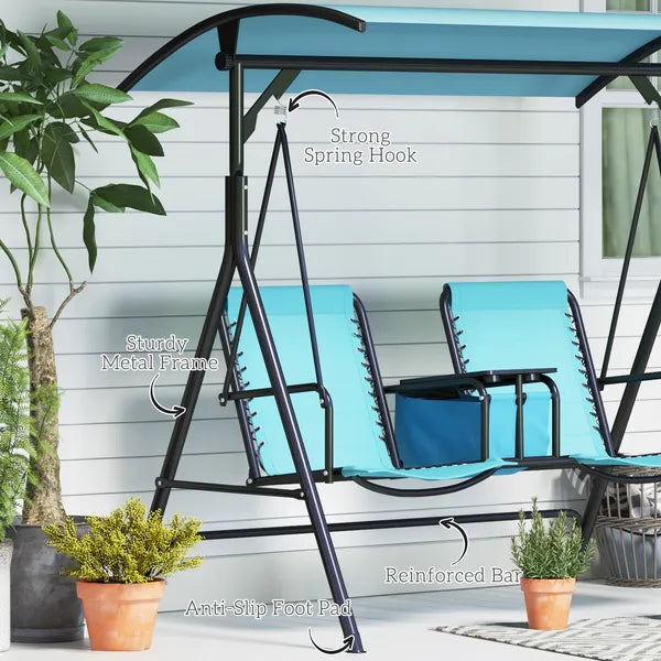 2 Person Porch Swing with Canopy, Storage Table, Cup Holder, Blue - product image 7