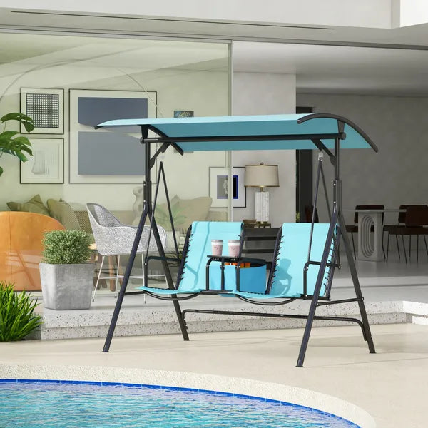 2 Person Porch Swing with Canopy, Storage Table, Cup Holder, Blue - product image 2