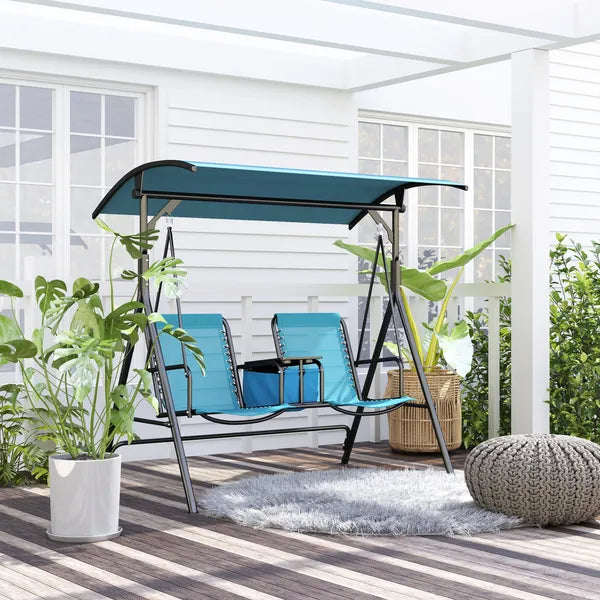 2 Person Porch Swing with Canopy, Storage Table, Cup Holder, Blue - product image 10