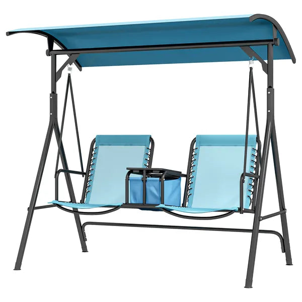2 Person Porch Swing with Canopy, Storage Table, Cup Holder, Blue - product image 1