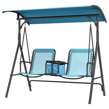 2 Person Porch Swing with Canopy, Storage Table, Cup Holder, Blue - product image 1